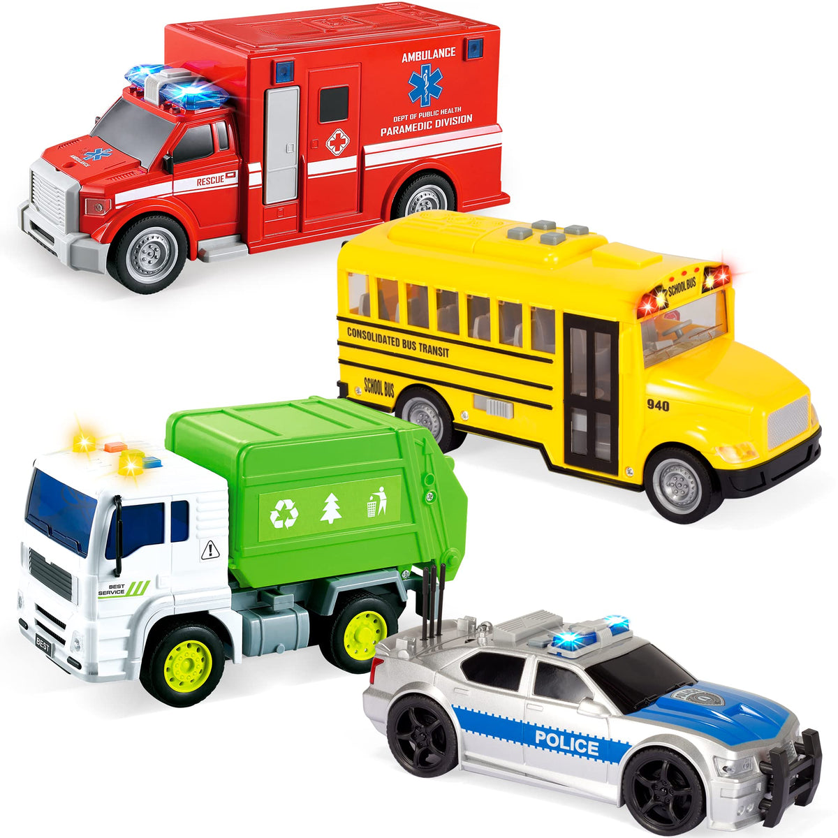 VROOMIX 4-Piece Emergency Vehicle Toy Set with Lights & Sounds