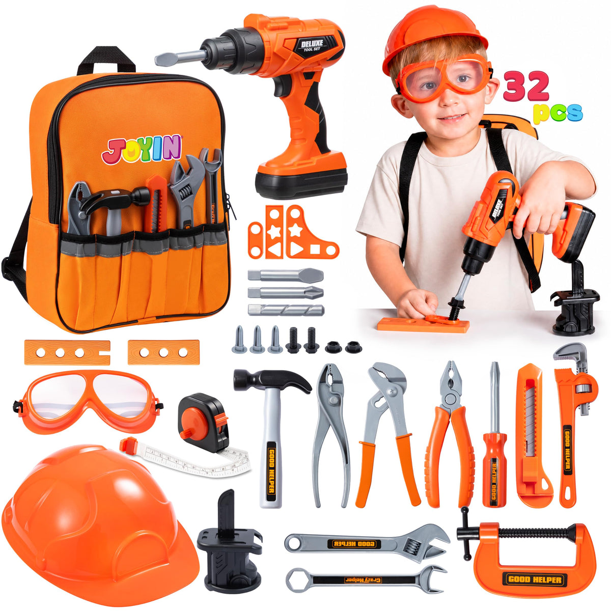 Play-Act 32 PCS Kids Tool Set - Construction Backpack & Electronic Drill