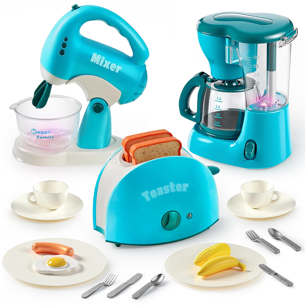 Play-Act Play Kitchen Toy Set – Blue Coffee Maker, Mixer & Toaster with Lights