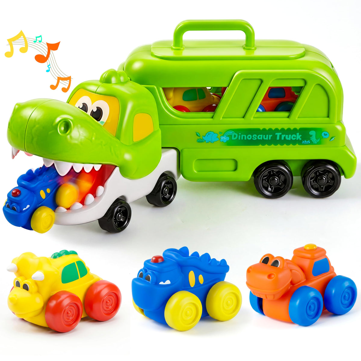 Vroomix Dinosaur Carrier Truck - 3 Rubber Cars & Slide Rails for 18M+
