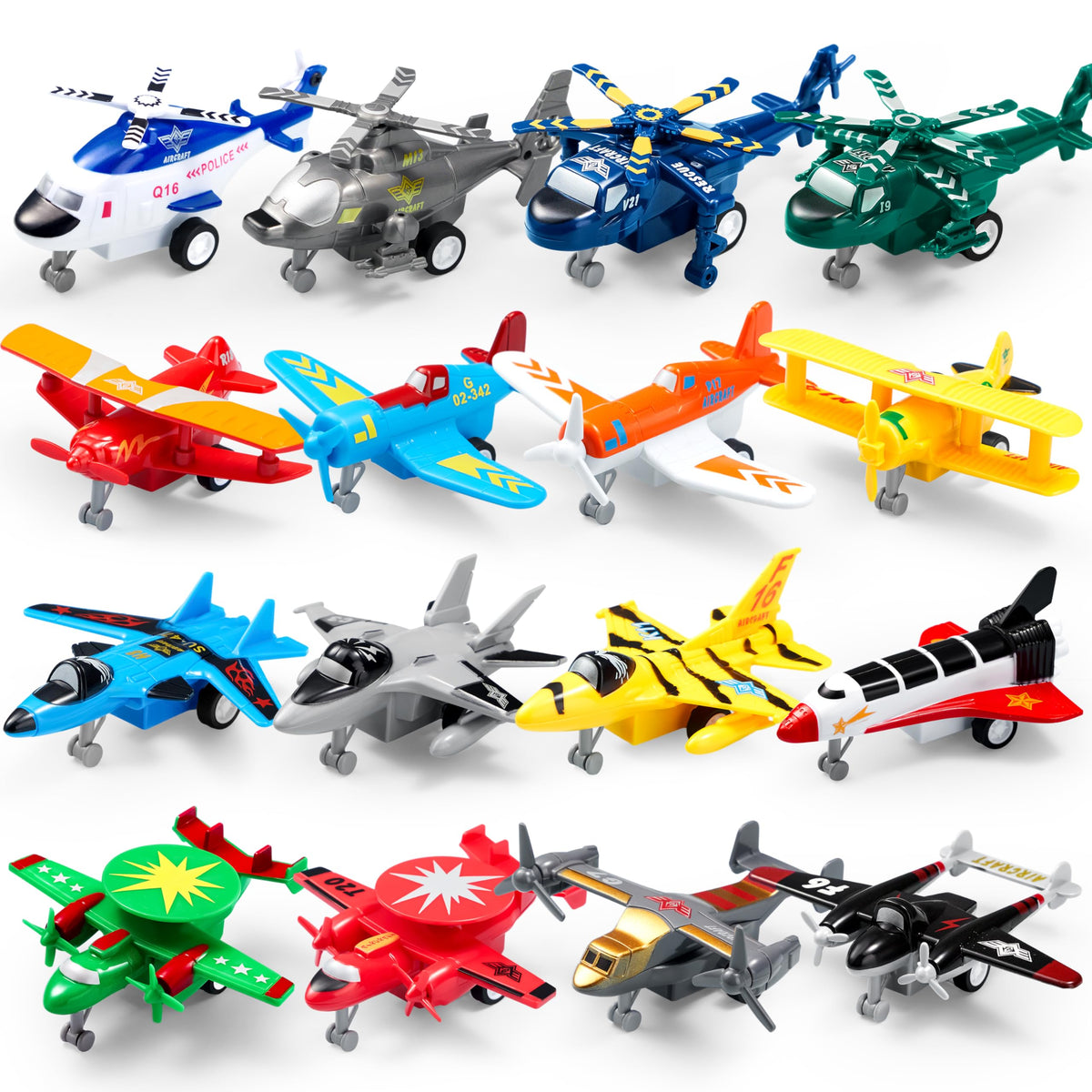 VROOMIX 16-Piece Pull-Back Airplane Toy Set (Fighter Jets, Helicopters & Bombers)