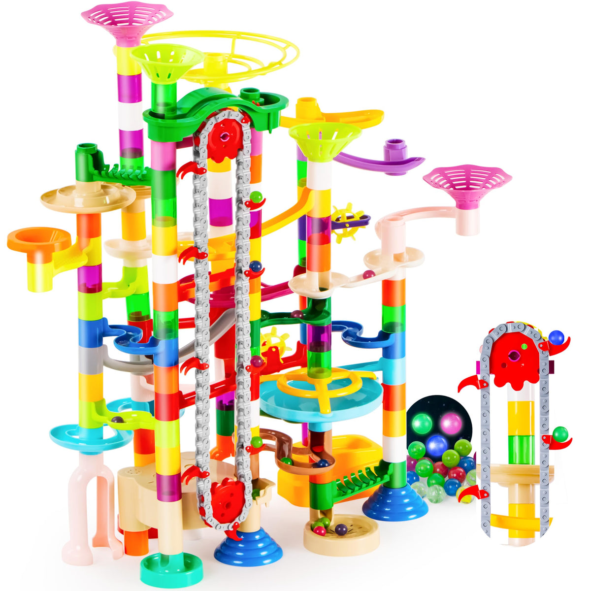 Play-Act 236 PCS Glow Marble Run - Motorized Elevator, Endless Loops