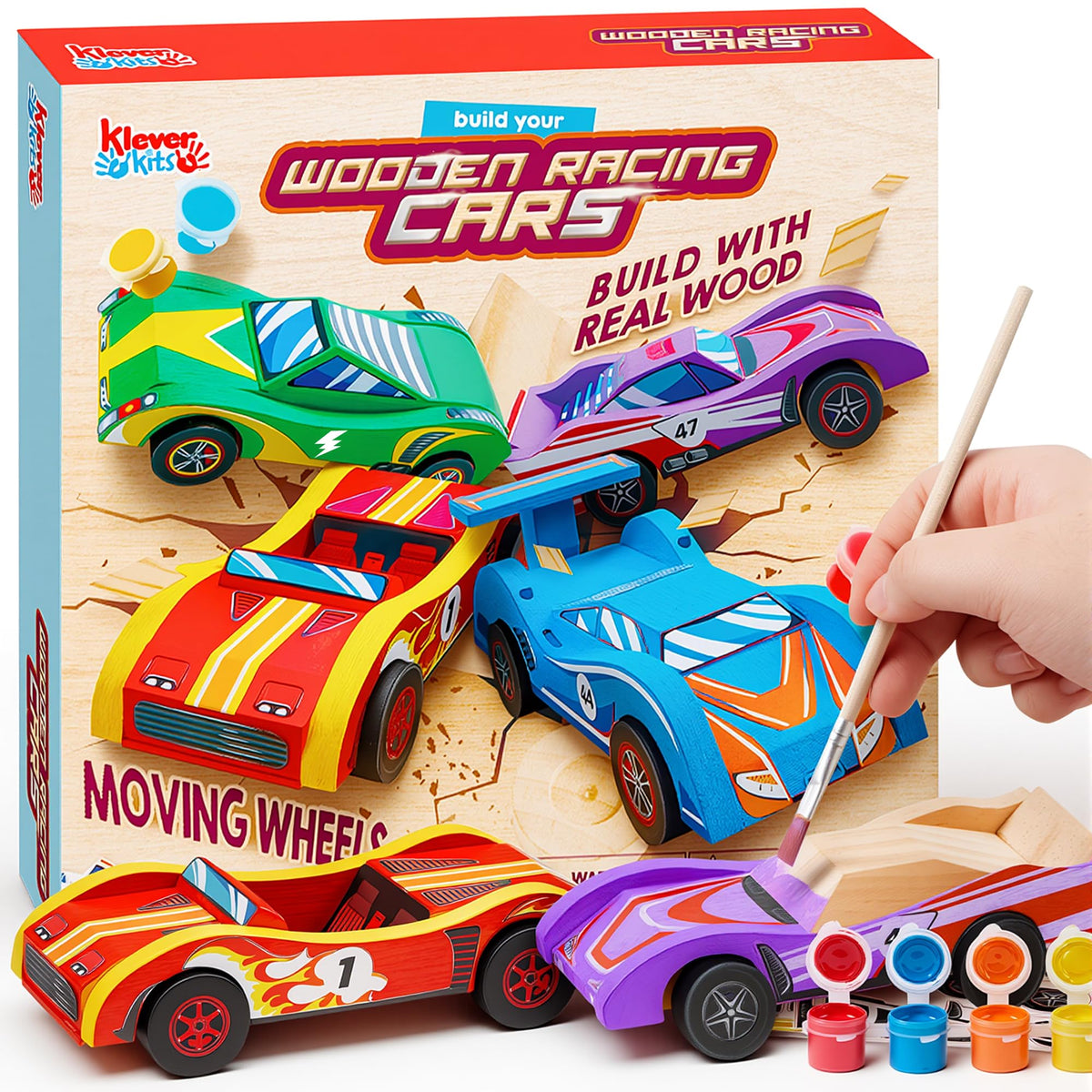 Klever Kits Build & Paint Wooden Race Cars Kit (Set of 4)