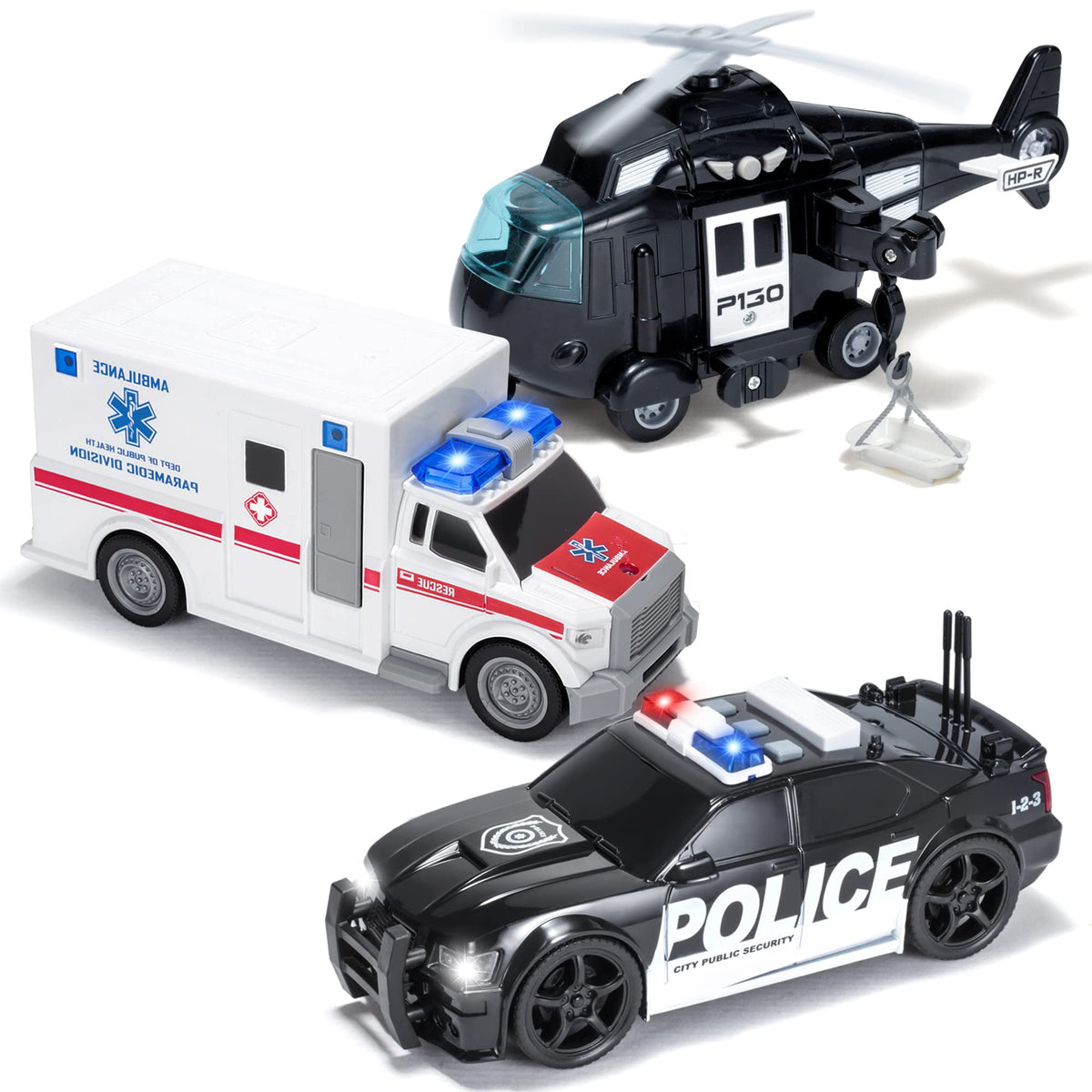 VROOMIX Police Car & Emergency Vehicle Toy Set with Lights & Sounds