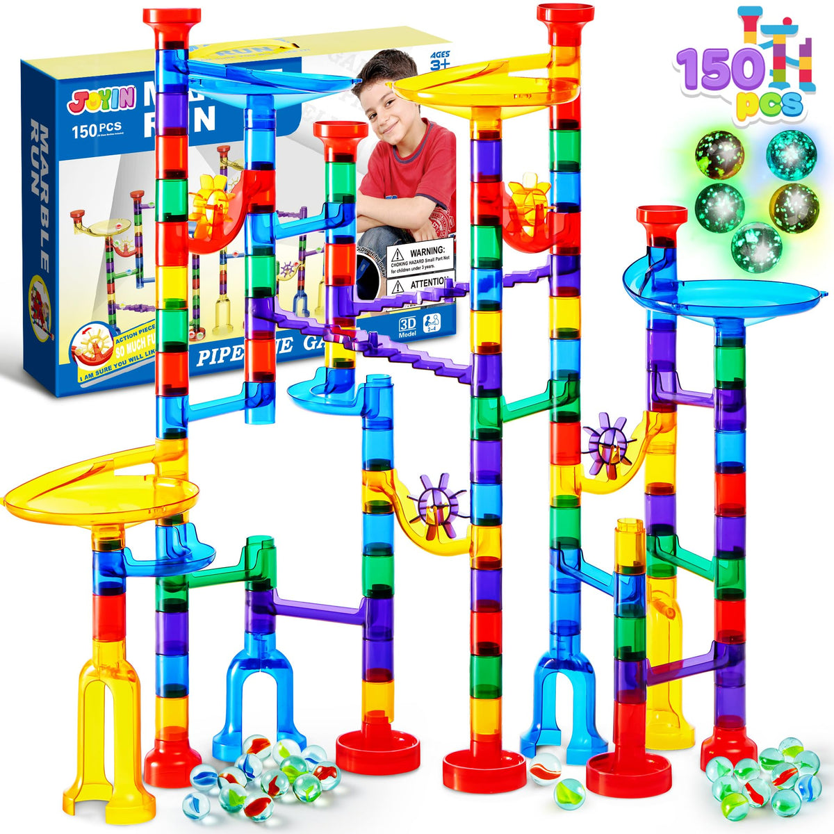 Play-Act 150 PCS Glow Marble Run - STEM Building Blocks Toy with Glass Marbles