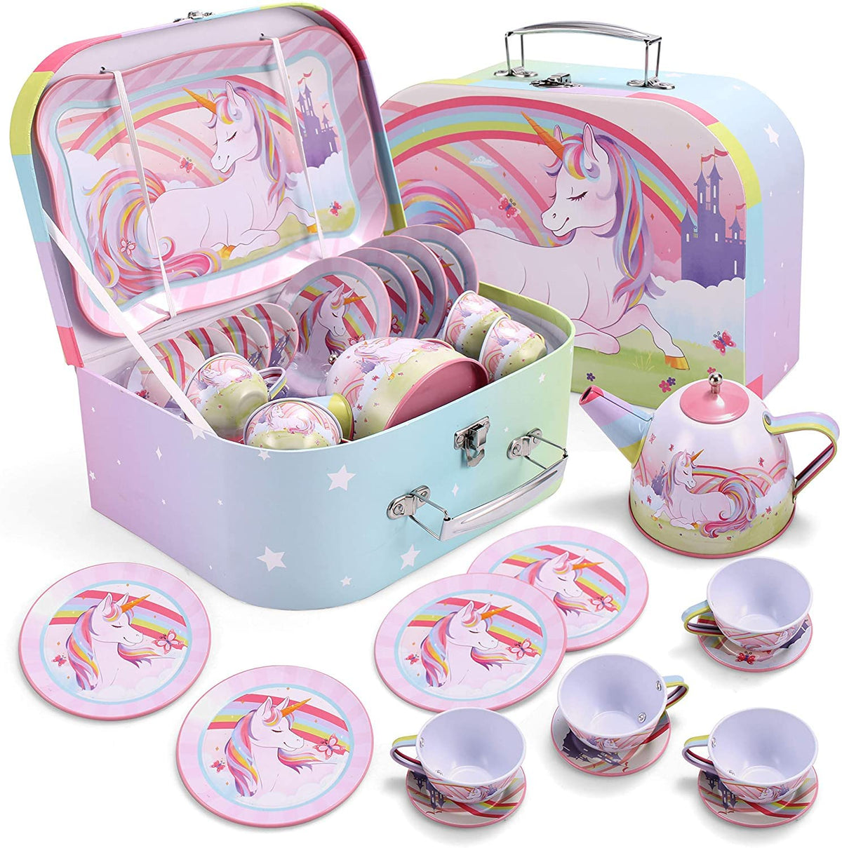 Play-Act Unicorn Tea Party Set - Pink Tin Teapot for Girls Ages 3-6