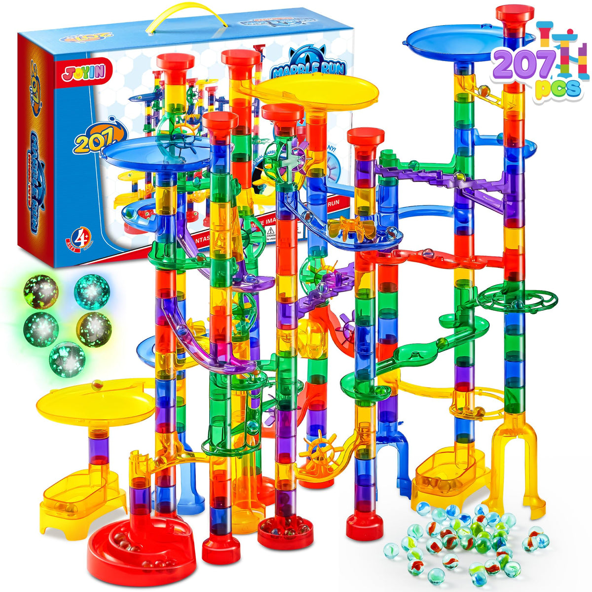 Play-Act 207 PCS Glow Marble Run - STEM Building Blocks Toy with Glass Marbles