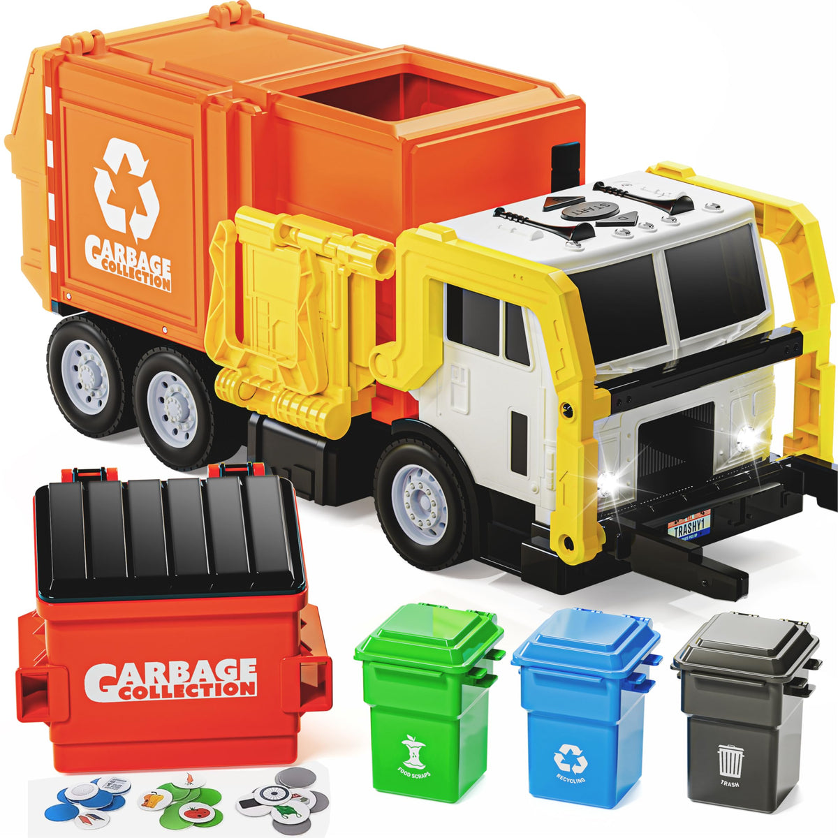 Vroomix Large Friction Powered Garbage Truck - Learning Cards, Orange