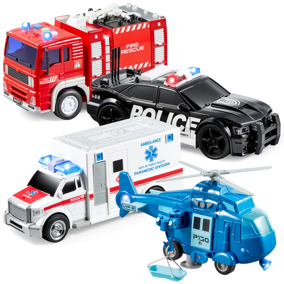 VROOMIX 4-Piece Emergency Vehicle Toy Set with Lights & Sounds