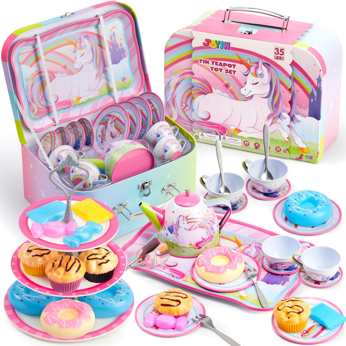 Play-Act 35 PCS Unicorn Tea Party Set - Tin Teapot & Dessert for Girls 3-6
