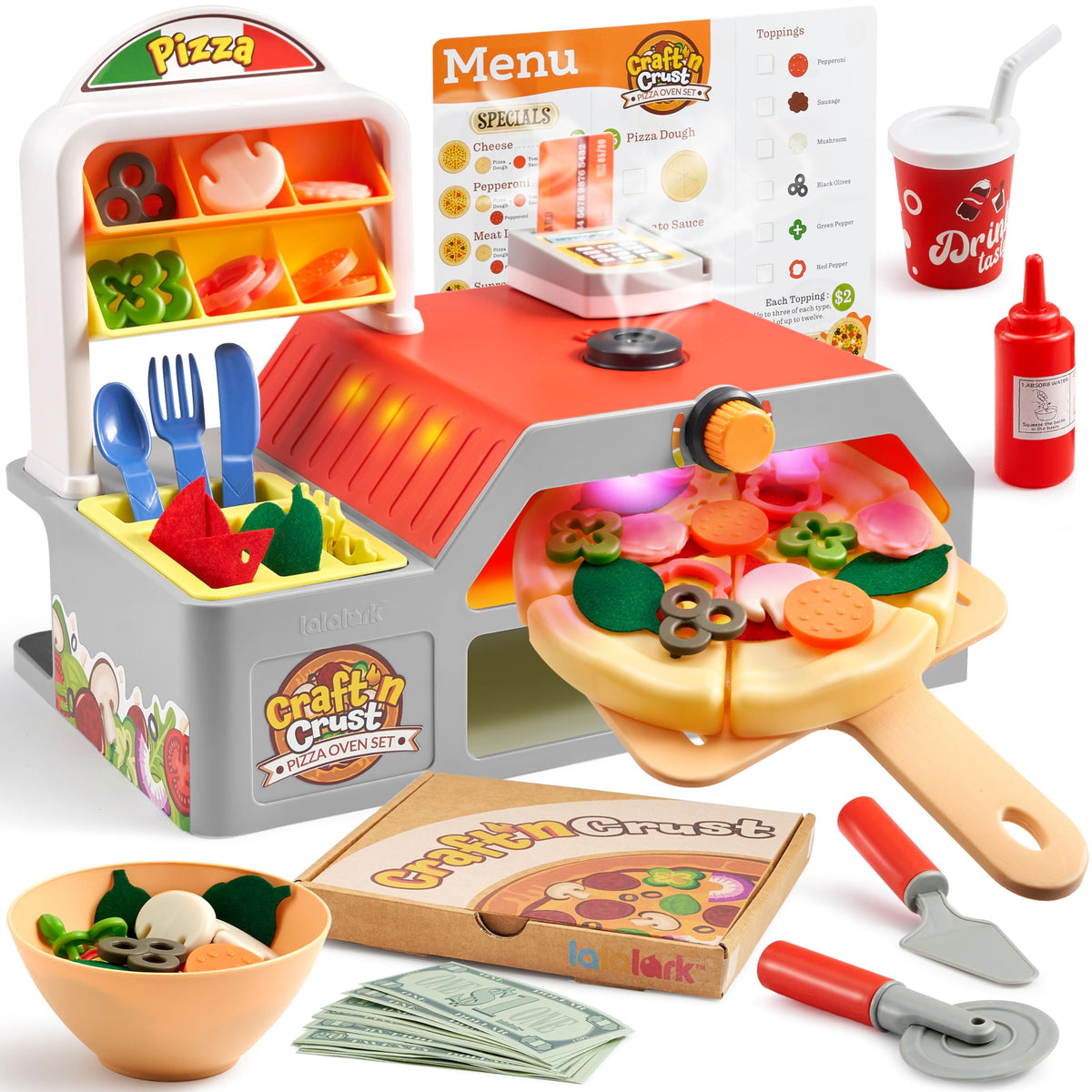 Play-Act 78 PCS Pizza Food Toy with Cash Register - Pretend Play Kitchen