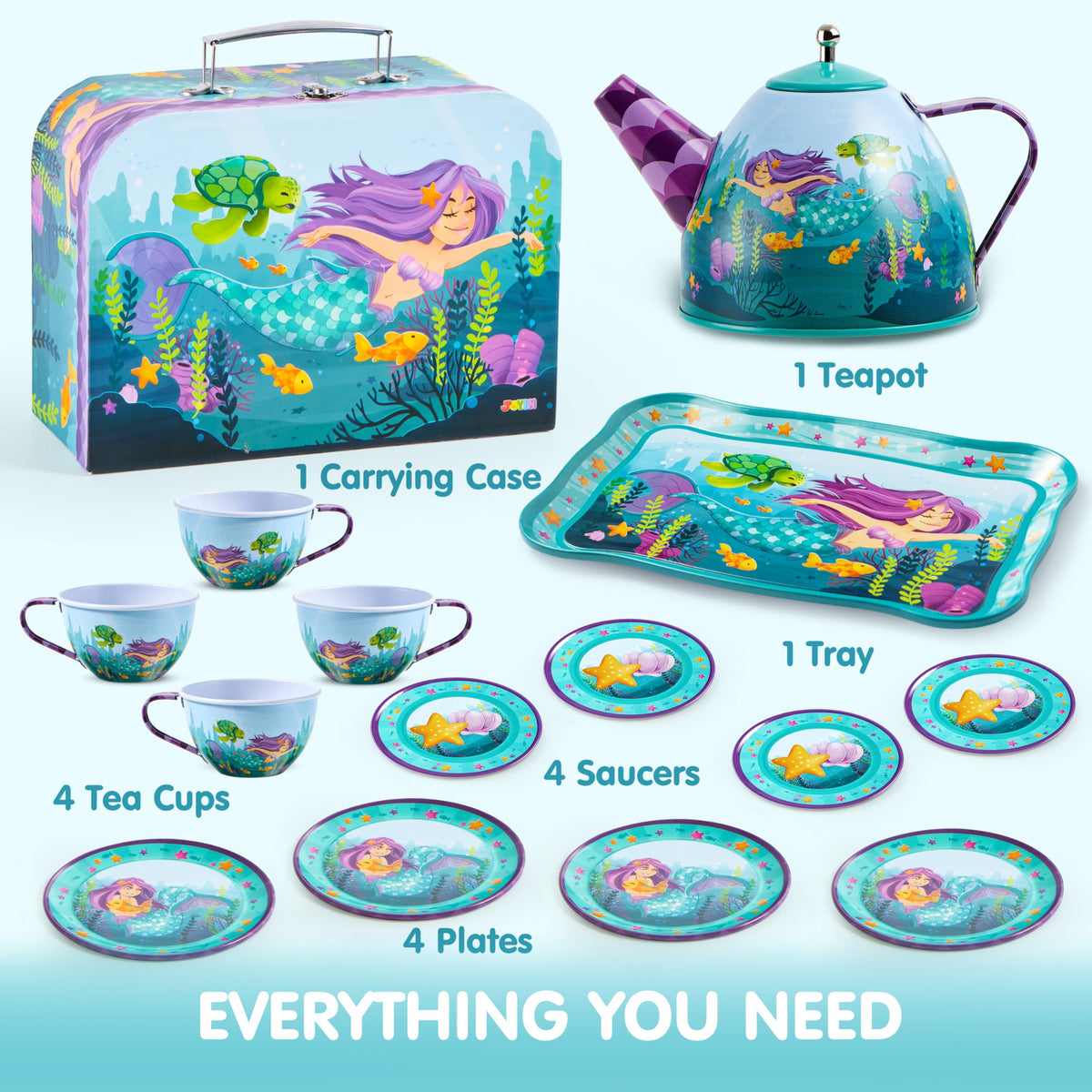 Play-Act Mermaid Tea Party Set - Pretend Tin Teapot for Girls Ages 3-6