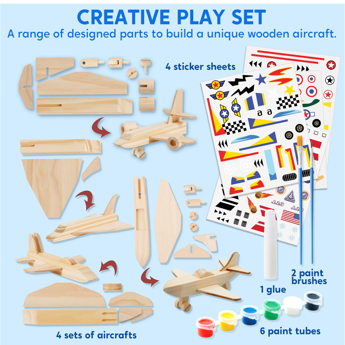 Klever Kits 4 DIY Wooden Aircrafts - Build & Paint Your Own Airplane Kit