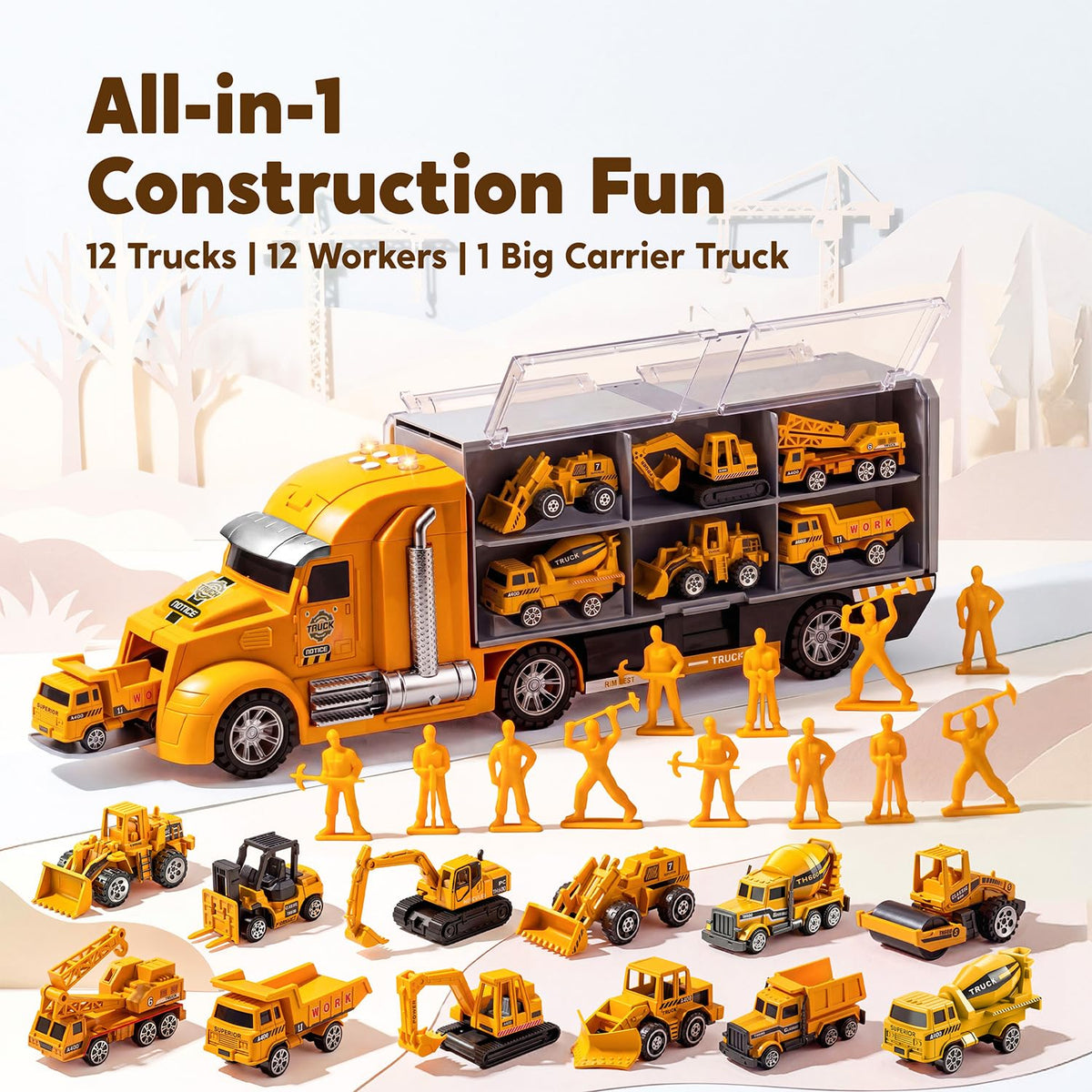 Vroomix 25-in-1 Construction Truck Toy Set - 12 Vehicles & 12 Workers