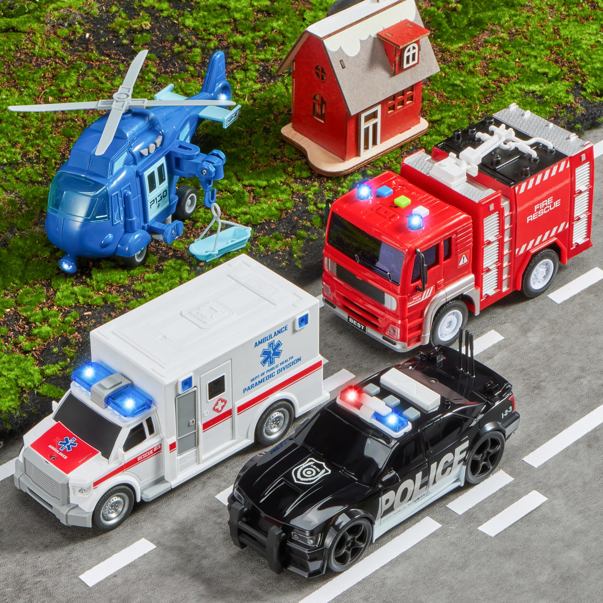 VROOMIX 4-Piece Emergency Vehicle Toy Set with Lights & Sounds