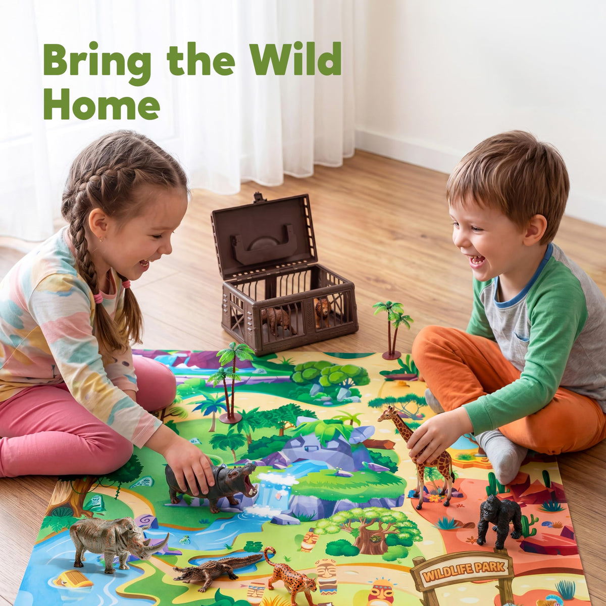 Play-Act 17 PCS Wild Animal Figures with Play Mat & Storage Cage - Kids 3-5