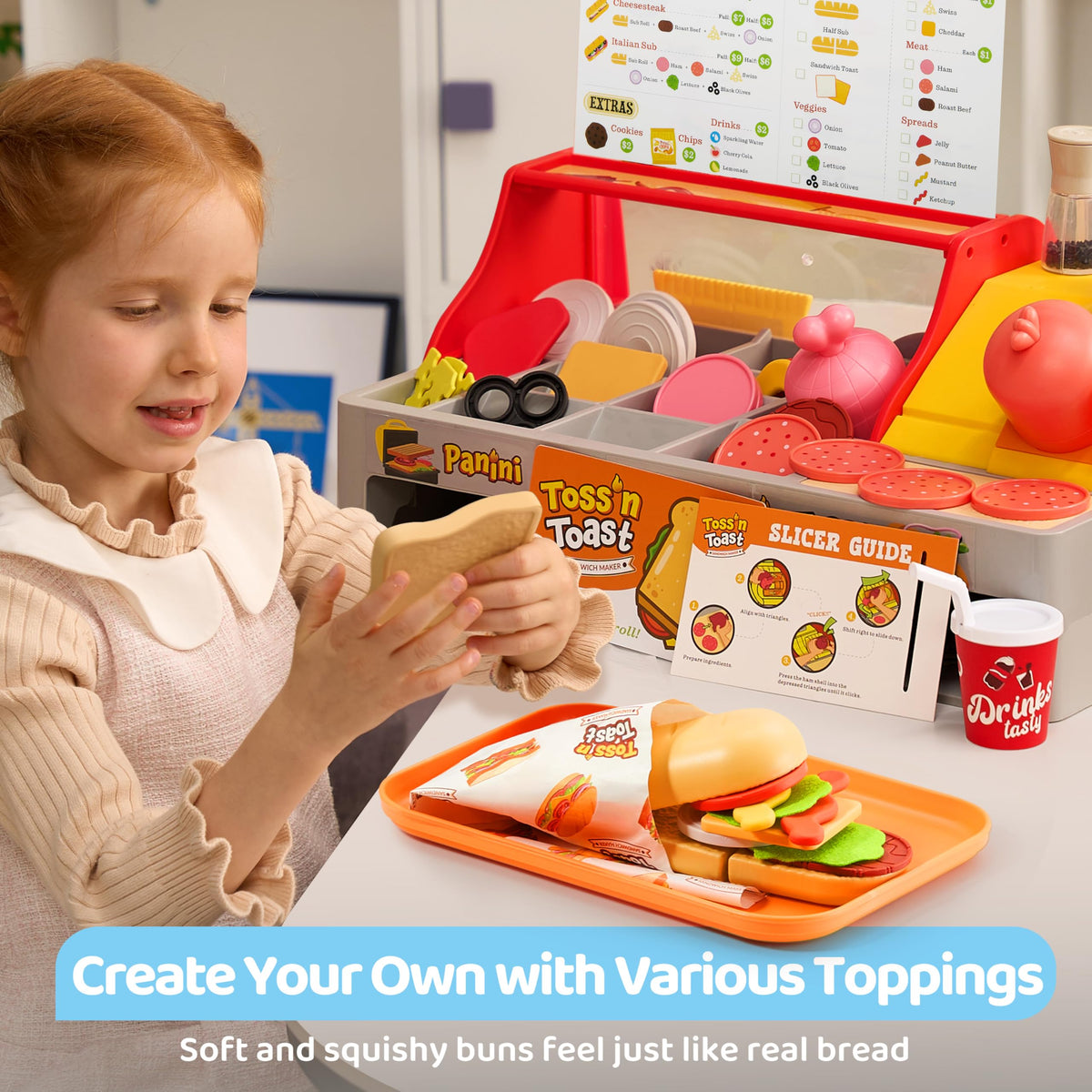 Play-Act Sandwich Food Toys & Cash Register - Kids Play Kitchen Set