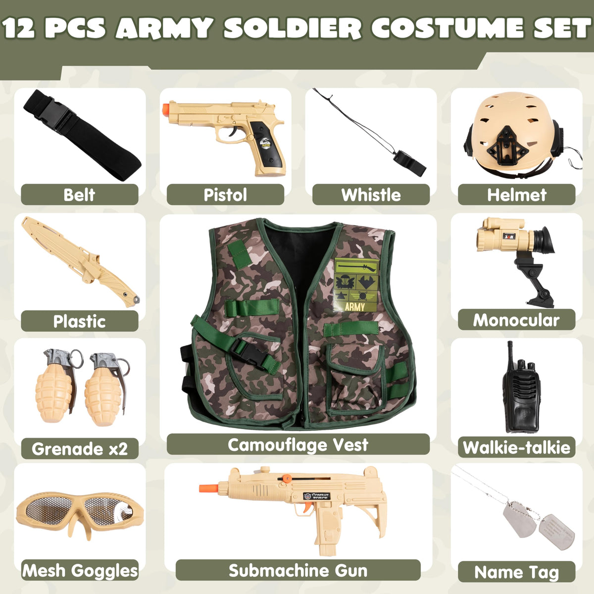 VROOMIX 12-Piece Army Soldier Costume & Role-Play Set for Kids