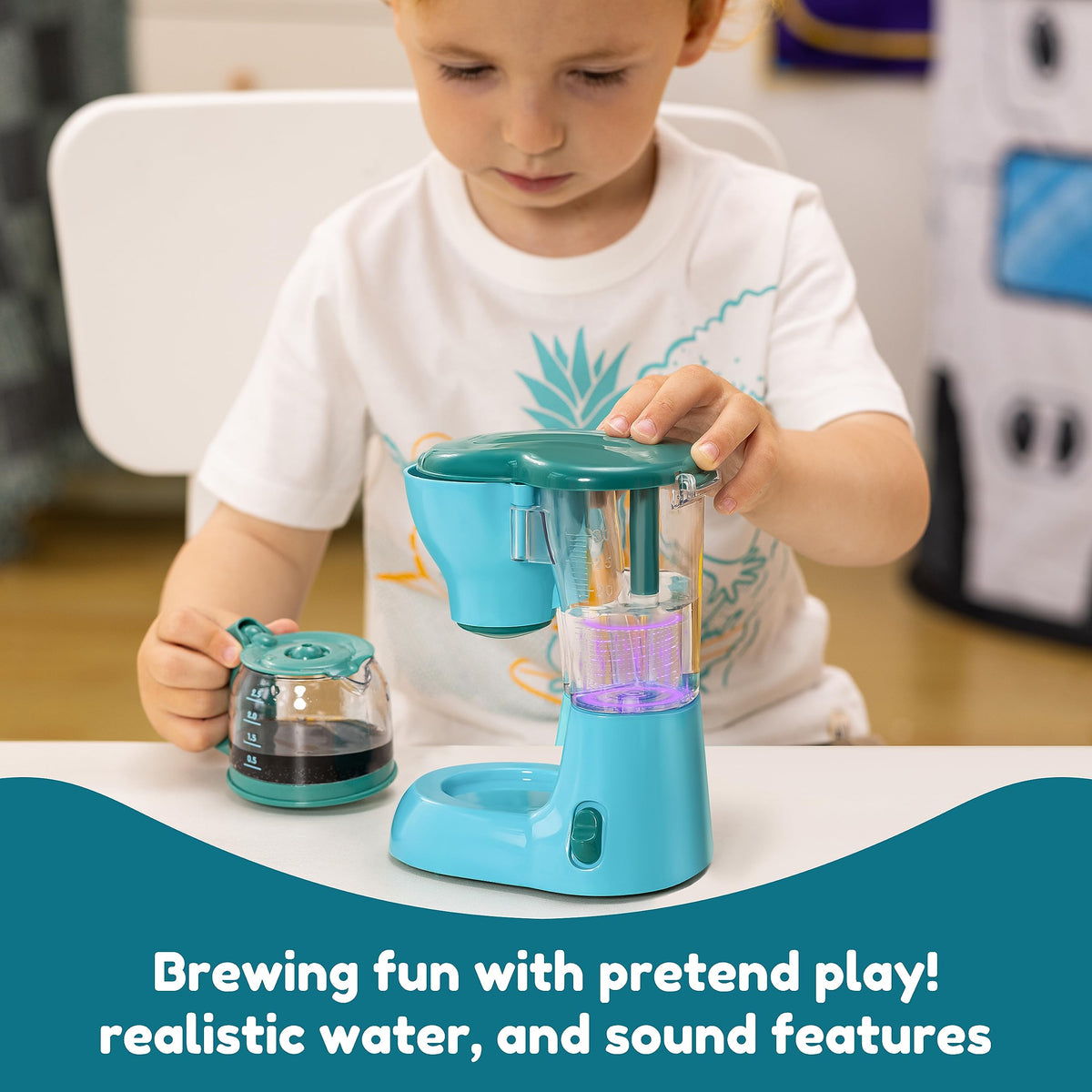Play-Act Play Kitchen Toy Set – Blue Coffee Maker, Mixer & Toaster with Lights