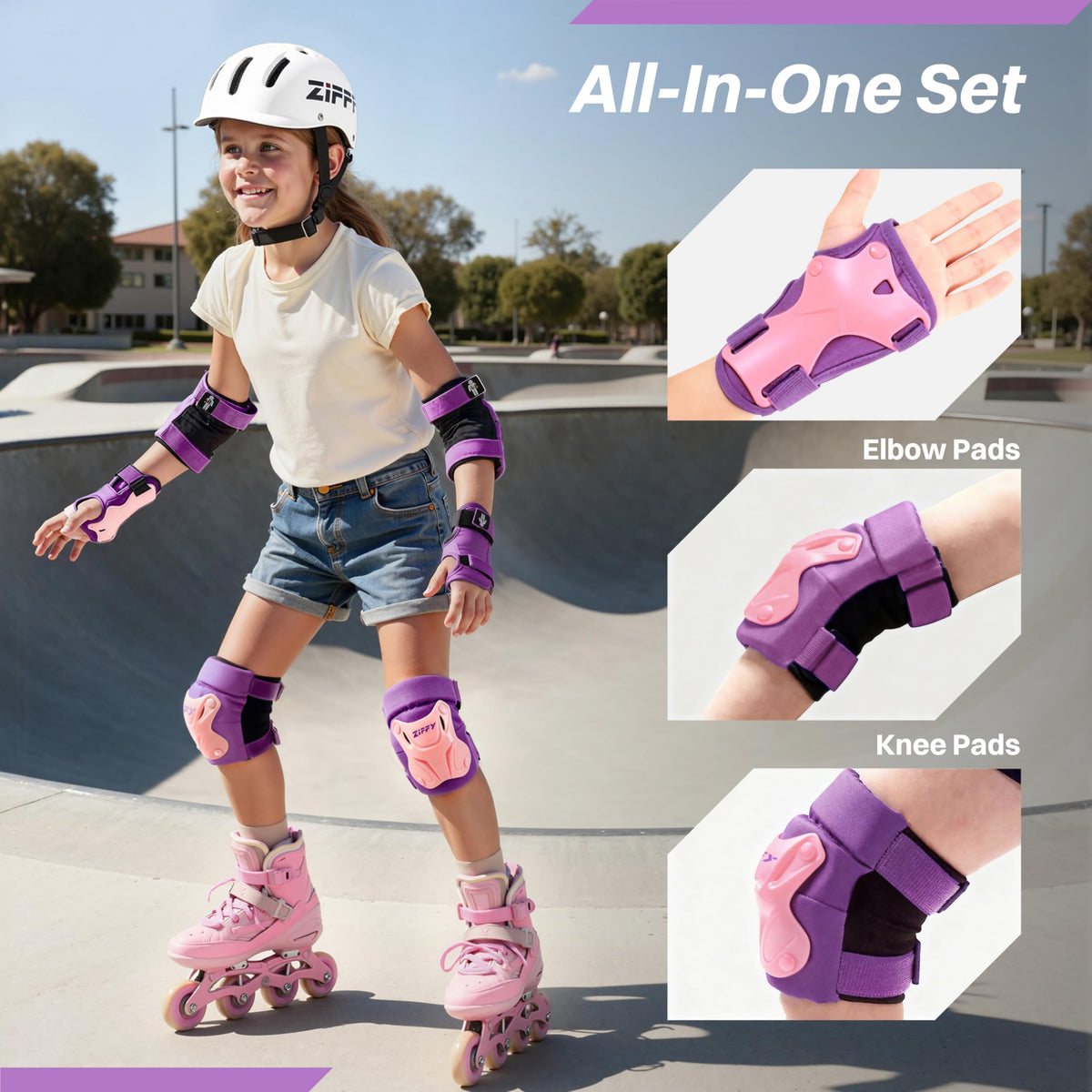 ZIFFY Kids Knee & Elbow Pads Set with Wrist Guards - Adjustable Protective Gear