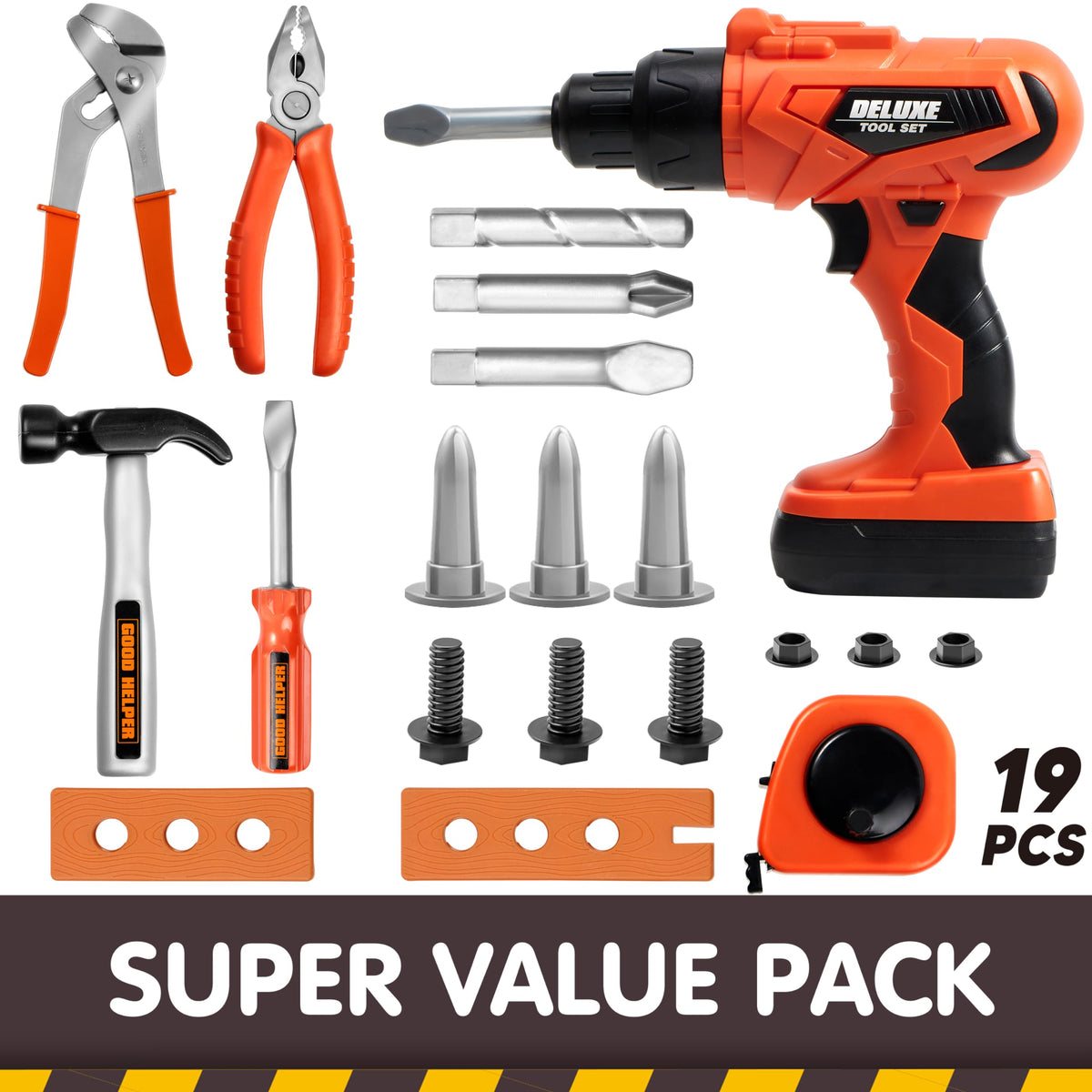 Play-Act 19 PCS Kids Tool Set - Construction Belt & Electronic Drill for Ages 3-7