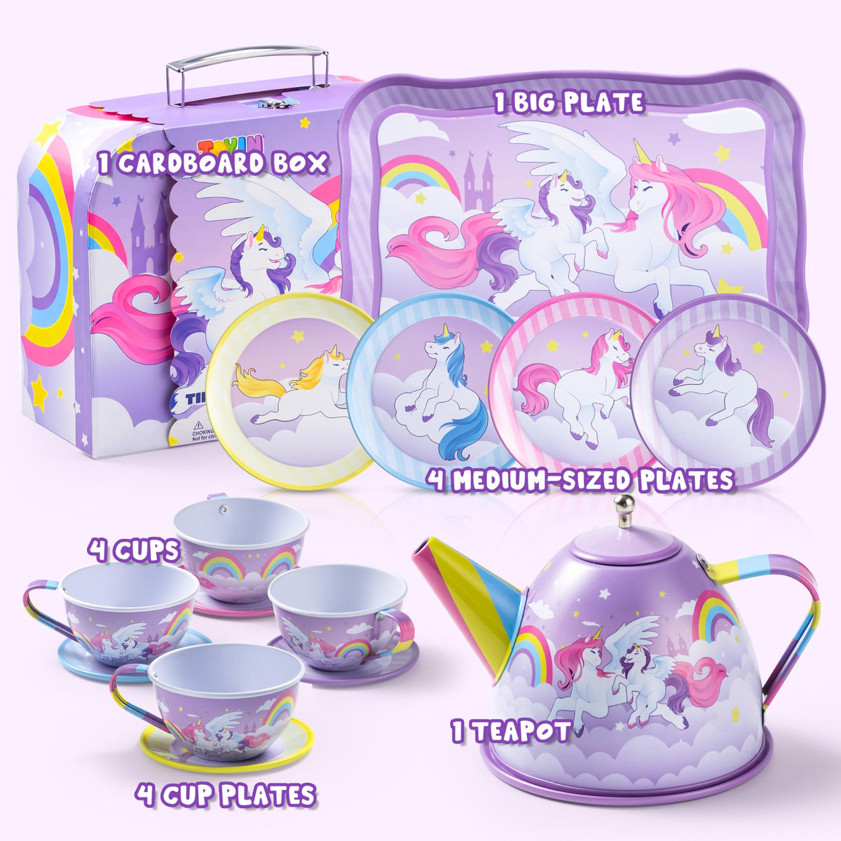 Play-Act Unicorn Tea Party Set - Purple Tin Teapot Pretend Play for Girls 3+