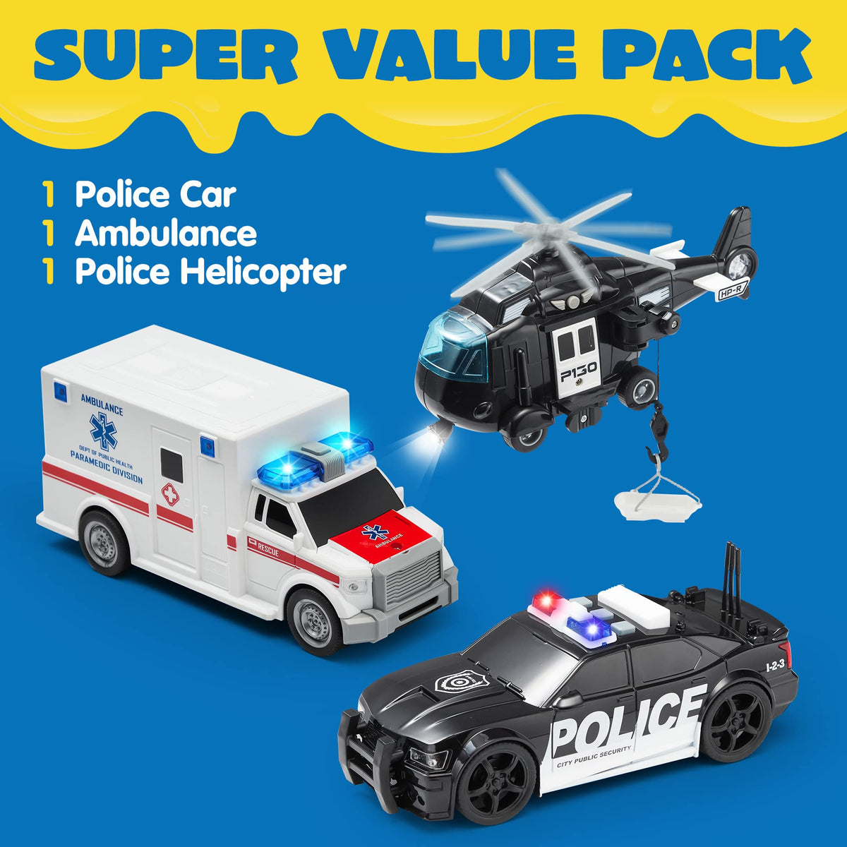 VROOMIX Police Car & Emergency Vehicle Toy Set with Lights & Sounds