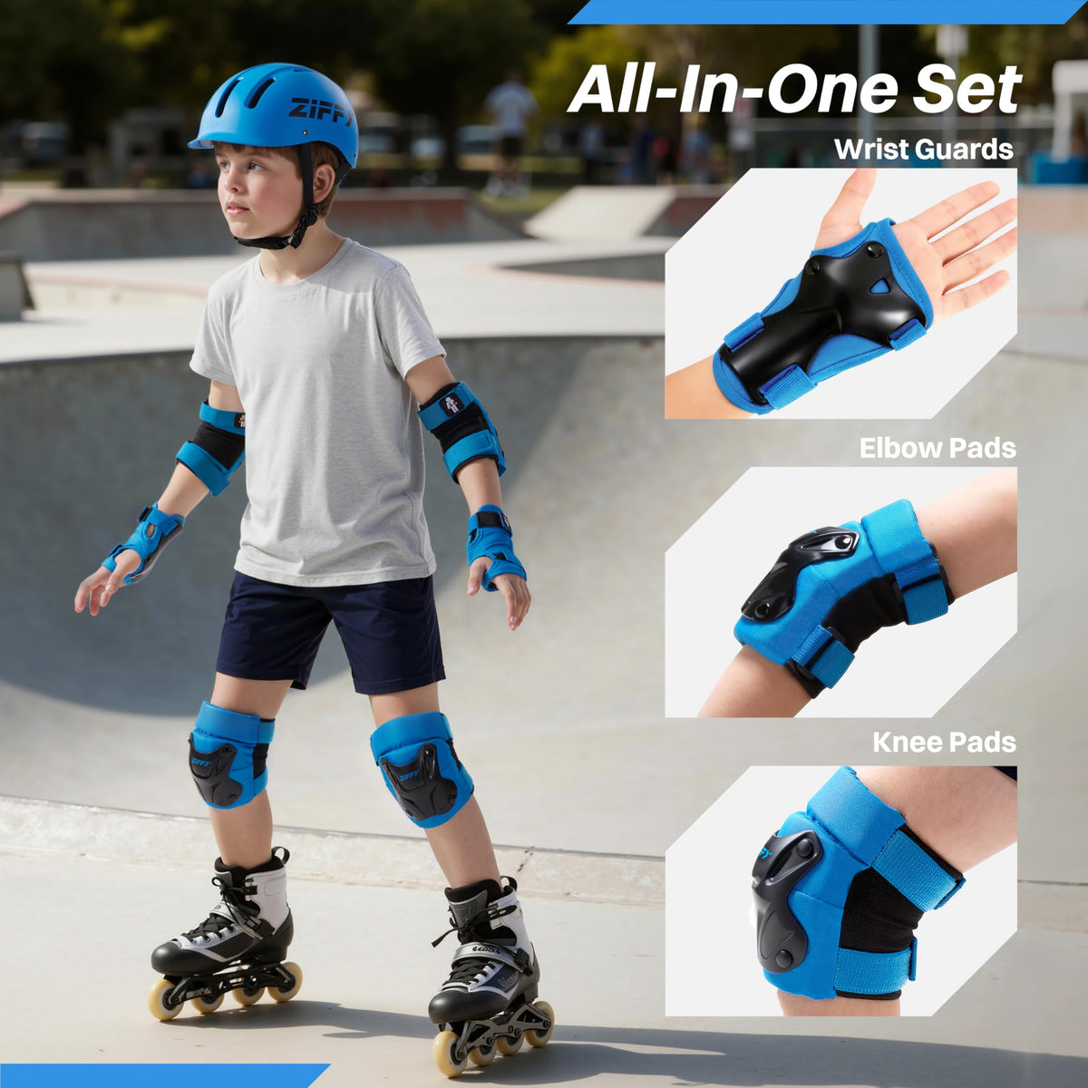 ZIFFY Kids Knee & Elbow Pads Set with Wrist Guards - Adjustable Protective Gear