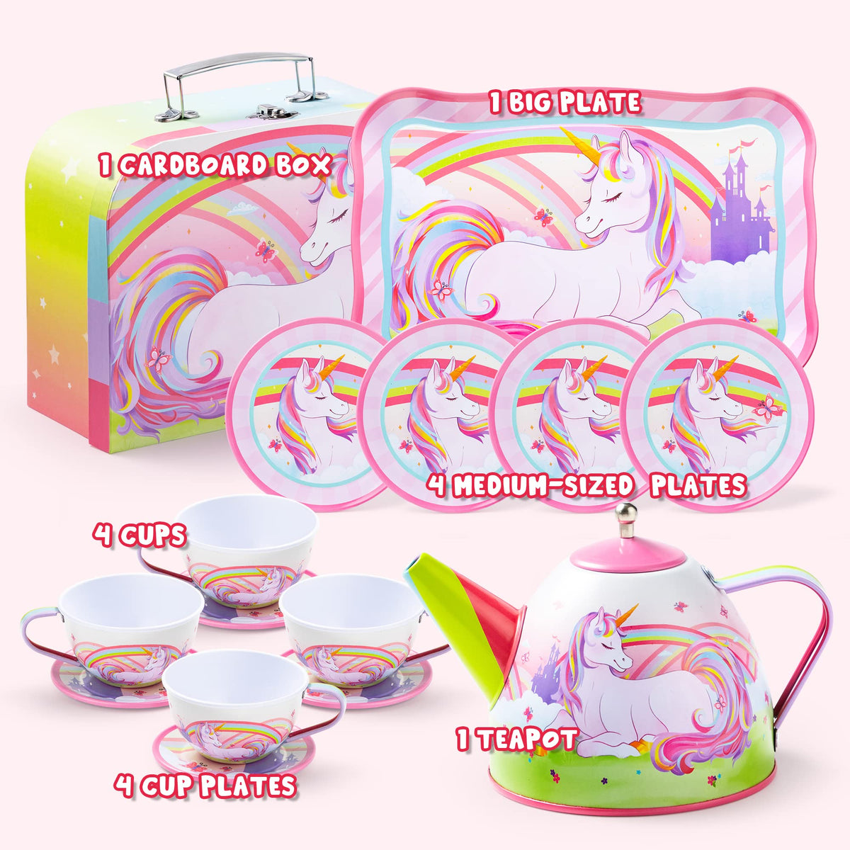 Play-Act Unicorn Tea Party Set - Pink Tin Teapot for Girls Ages 3-6