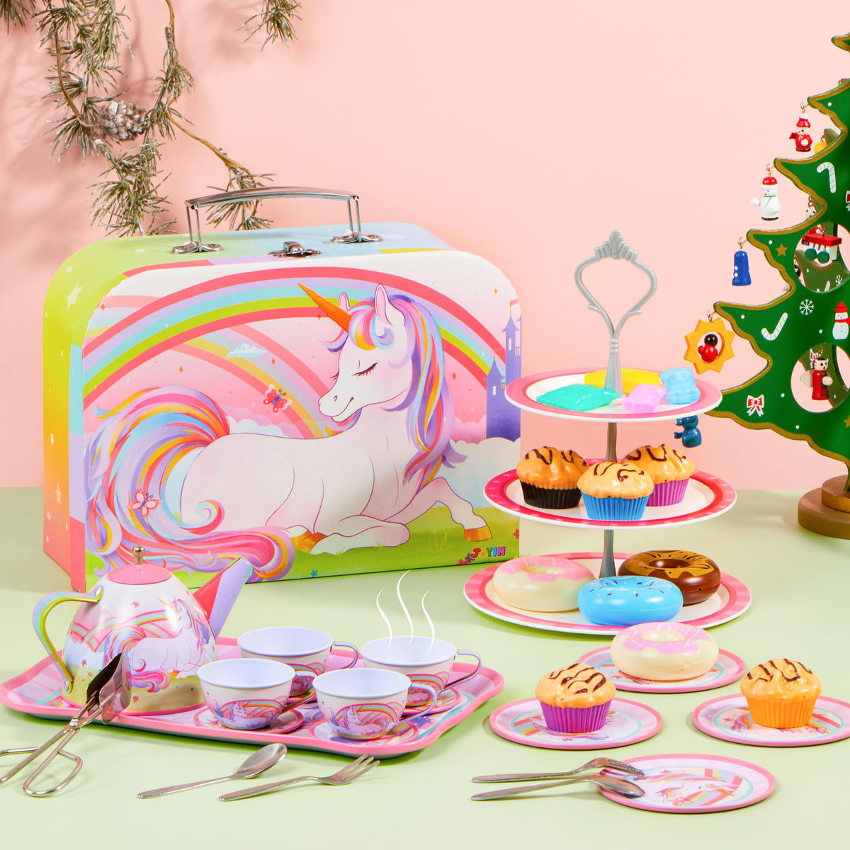 Play-Act 35 PCS Unicorn Tea Party Set - Tin Teapot & Dessert for Girls 3-6