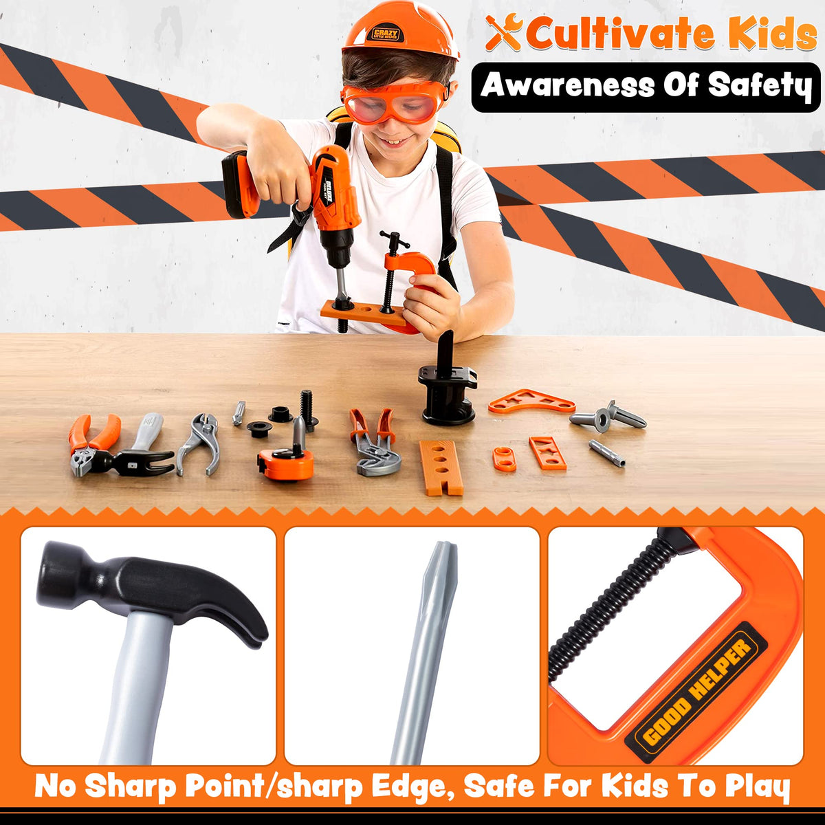 Play-Act 32 PCS Kids Tool Set - Construction Backpack & Electronic Drill