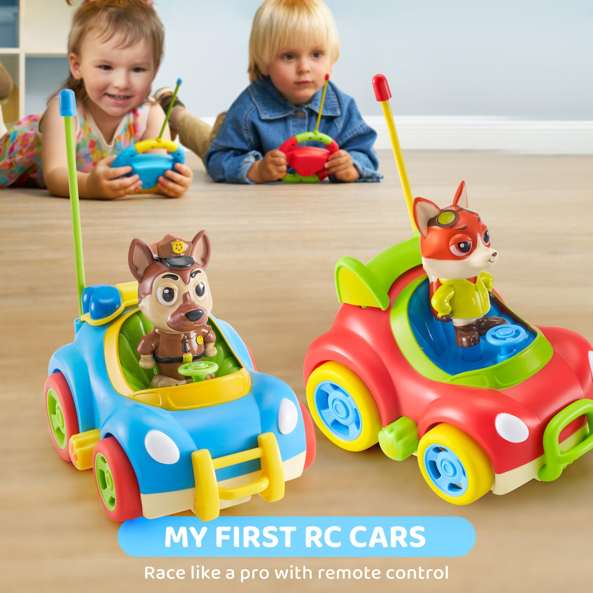 VROOMIX 2 Pack Remote Control Car - LED Lights, Sounds & Music for Kids