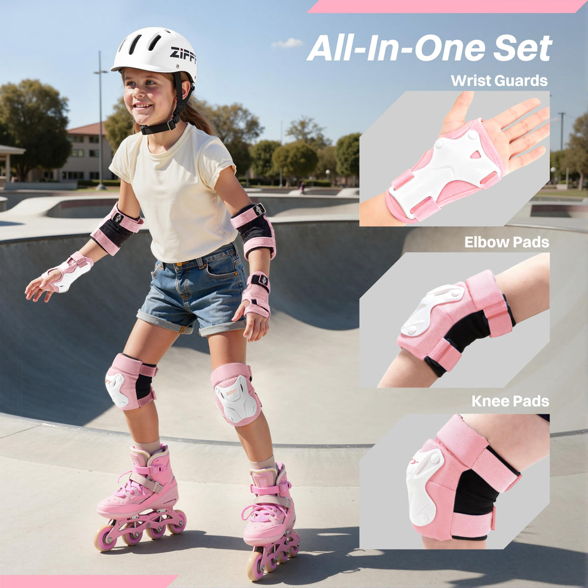 ZIFFY Kids Knee & Elbow Pads Set with Wrist Guards - Adjustable Protective Gear