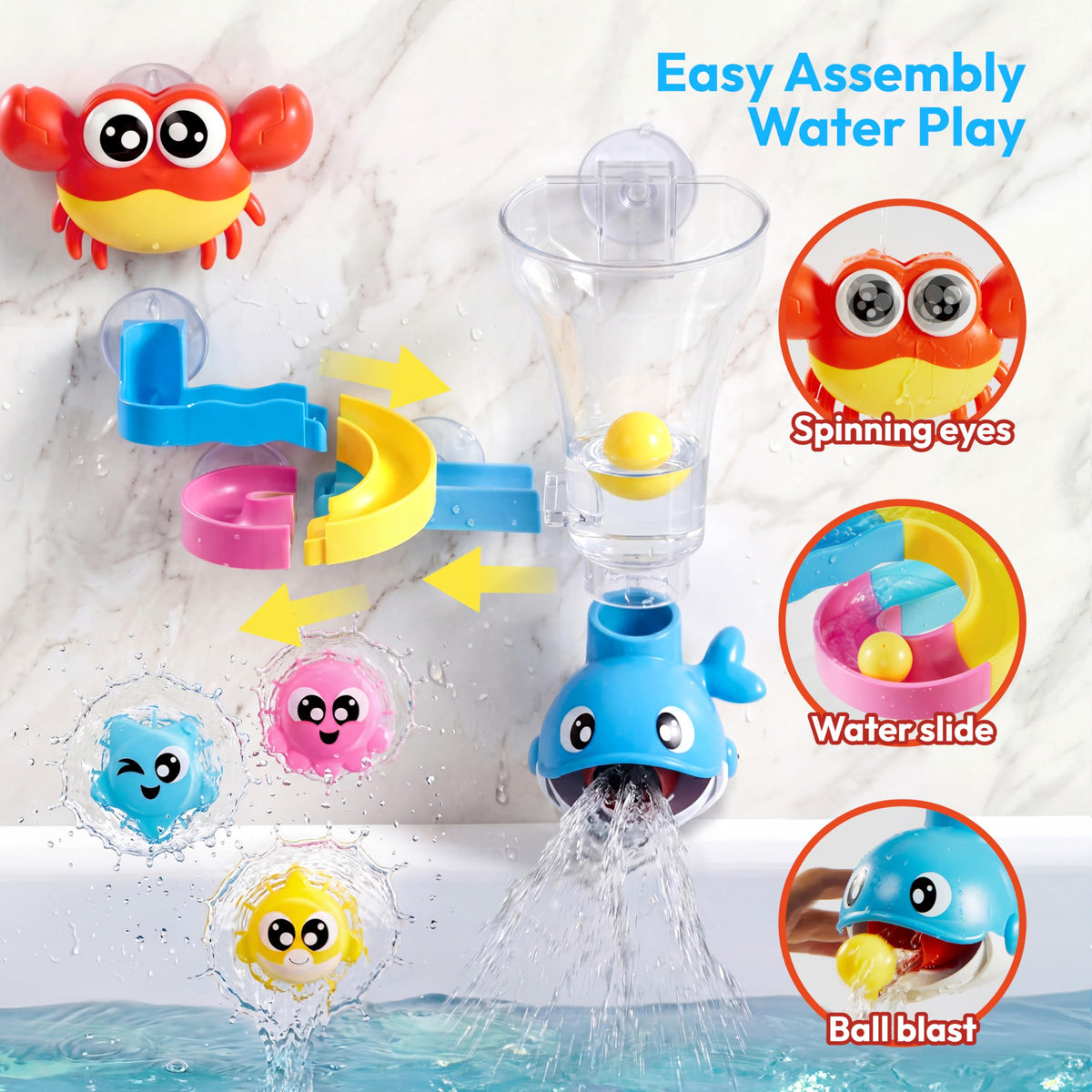 Play-Act 7-in-1 Shower Bath Toy Set - Crab, Whale & Rotating Fish