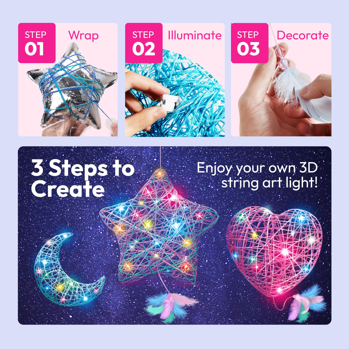 Klever Kits 3D String Art Kit - Light Up Toy with 30 LED Bulbs for Ages 8+