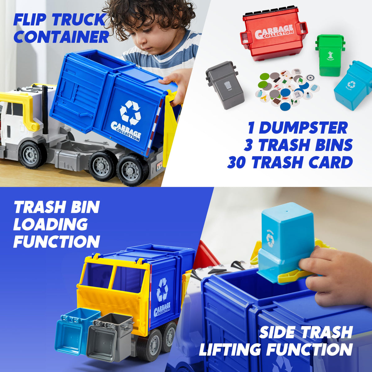 Vroomix Large Friction Powered Garbage Truck - 30 Learning Cards, Blue