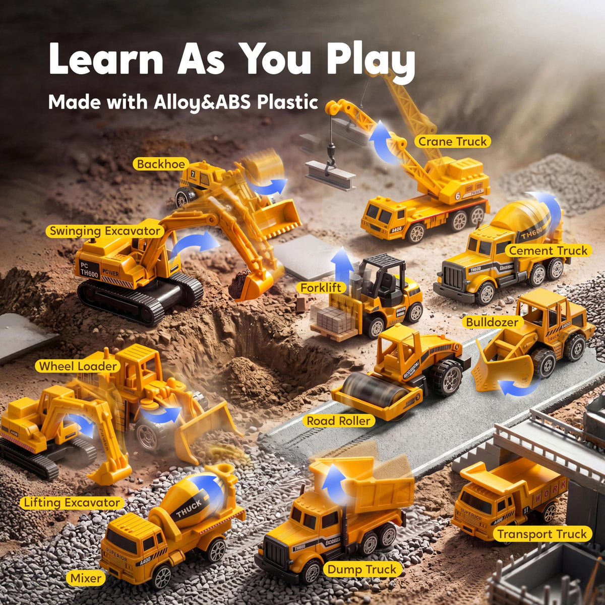 Vroomix 25-in-1 Construction Truck Toy Set - 12 Vehicles & 12 Workers
