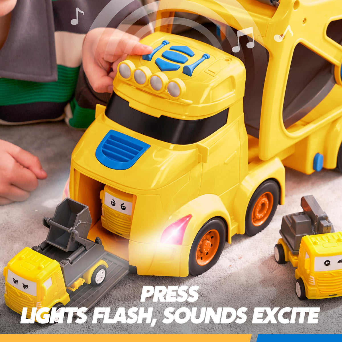 VROOMIX 7-in-1 Construction Transport Carrier Truck Set with Lights & Sounds