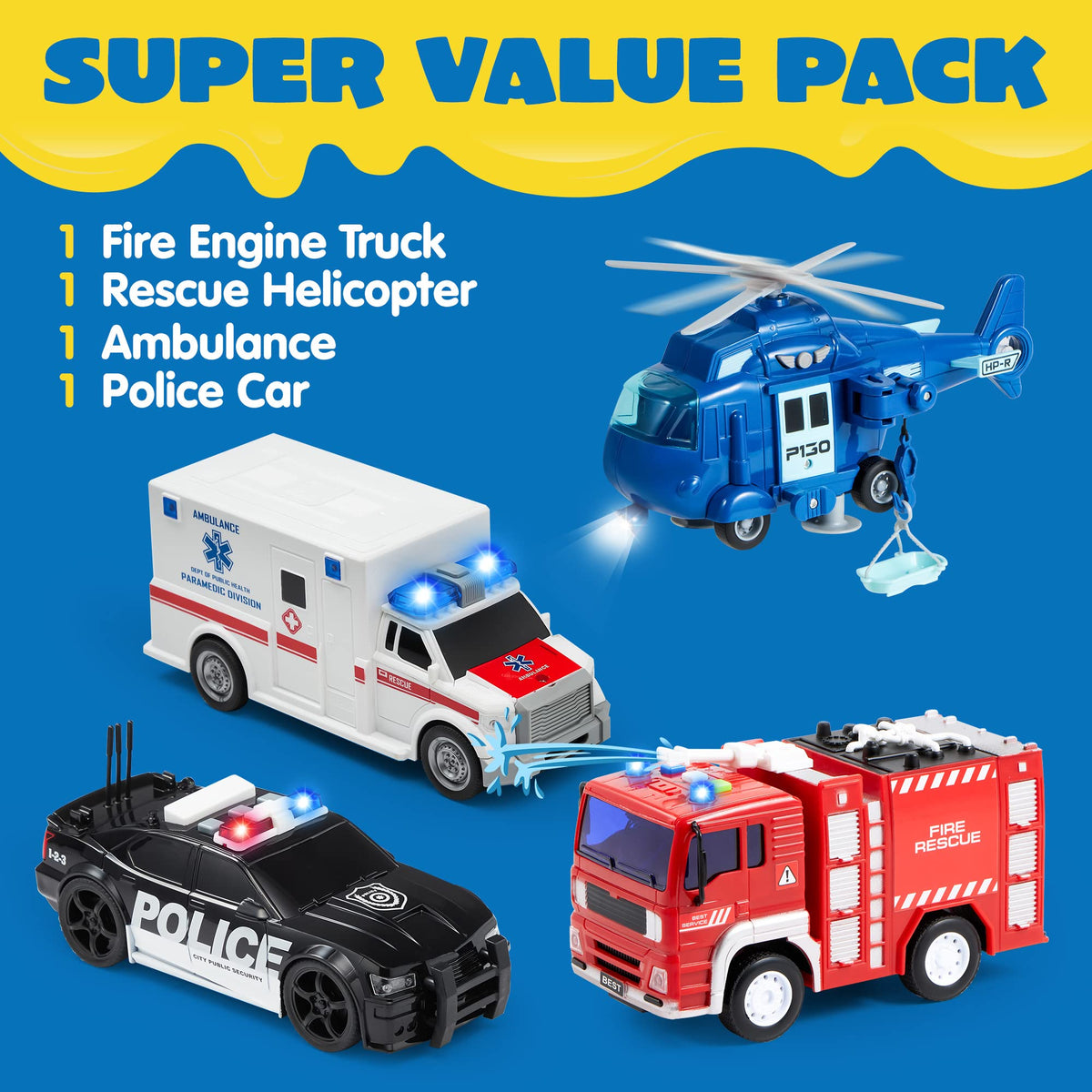 VROOMIX 4-Piece Emergency Vehicle Toy Set with Lights & Sounds