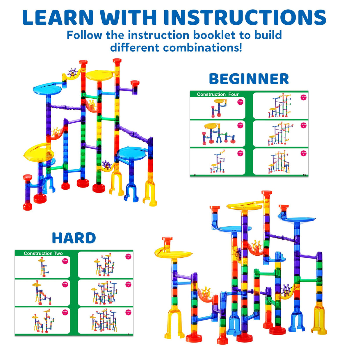 Play-Act 150 PCS Glow Marble Run - STEM Building Blocks Toy with Glass Marbles