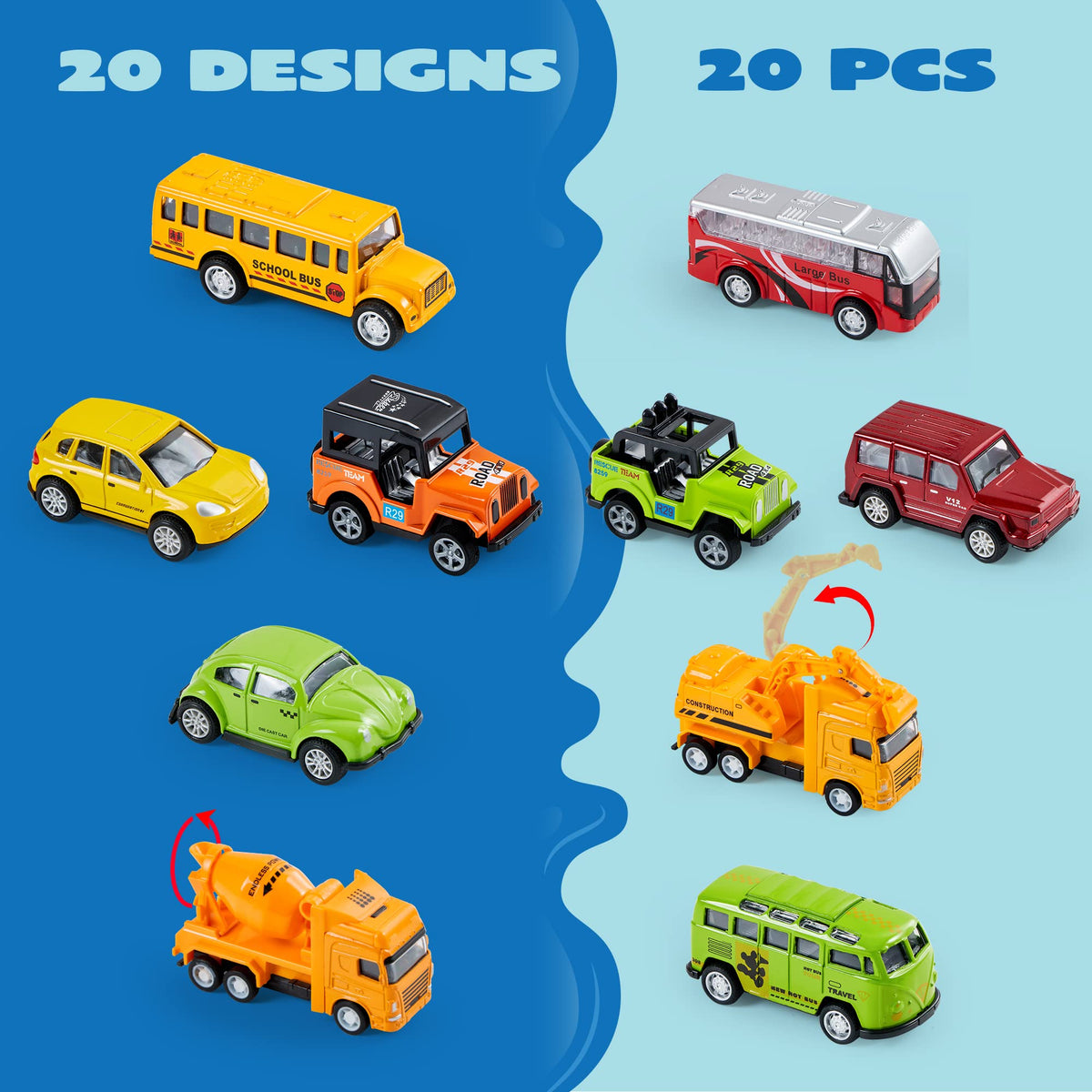 VROOMIX 20-Piece Die-Cast Pull-Back Race Car Toy Set for Kids