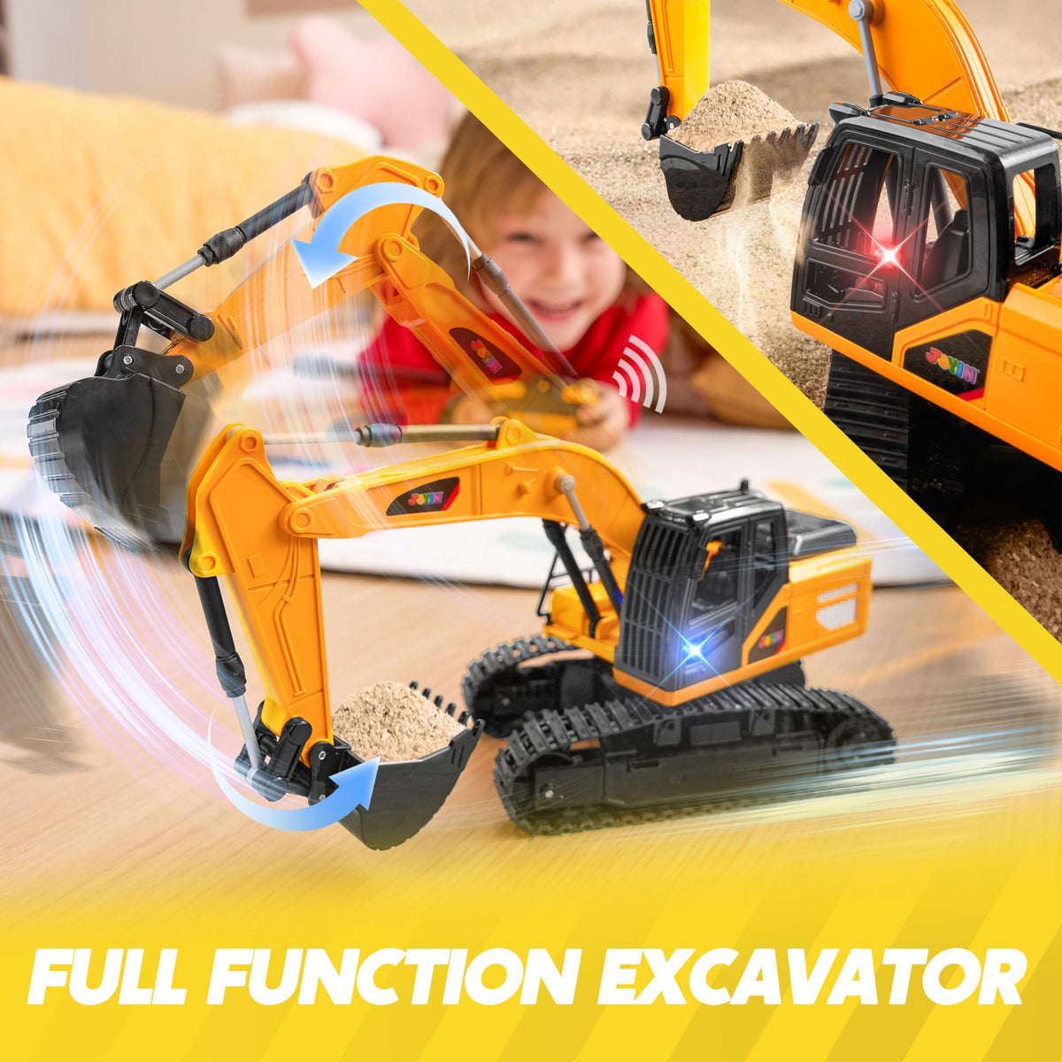 VROOMIX 2.4GHz Remote Control Excavator Toy with Lights for Kids