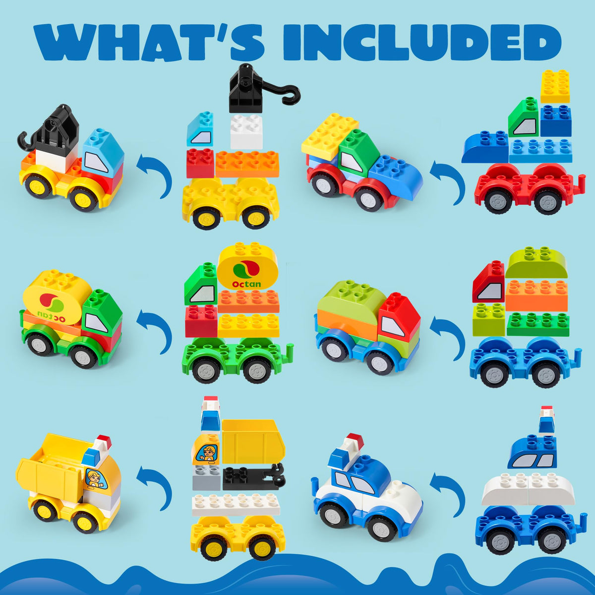 VROOMIX 80-Piece Toddler Car Building Block Set (Makes 12 Vehicles)