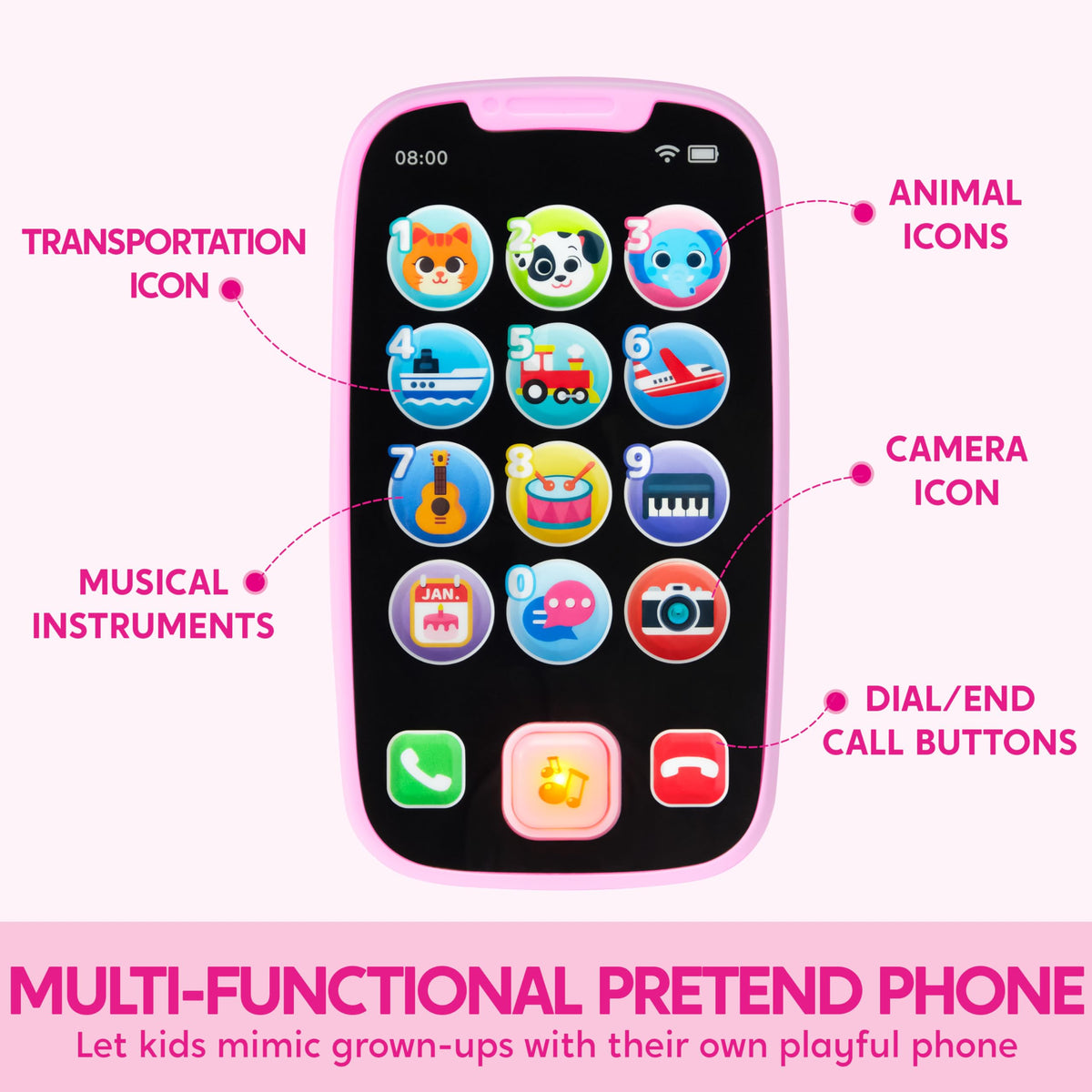 Play-Act Kids Learning Phone & Remote Toy - Pink Musical Smartphone