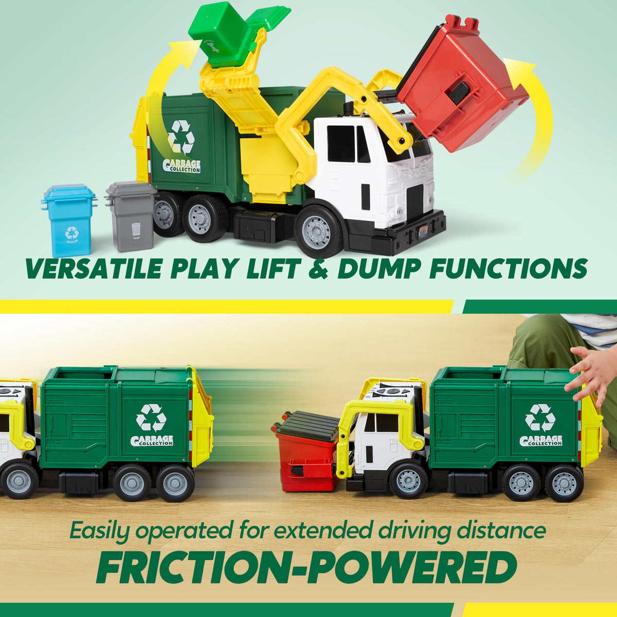 Vroomix Large Friction Powered Garbage Truck - 30 Learning Cards for Kids