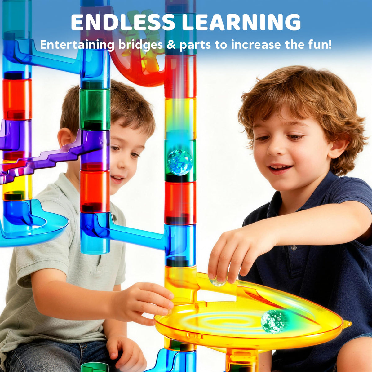 Play-Act 150 PCS Glow Marble Run - STEM Building Blocks Toy with Glass Marbles