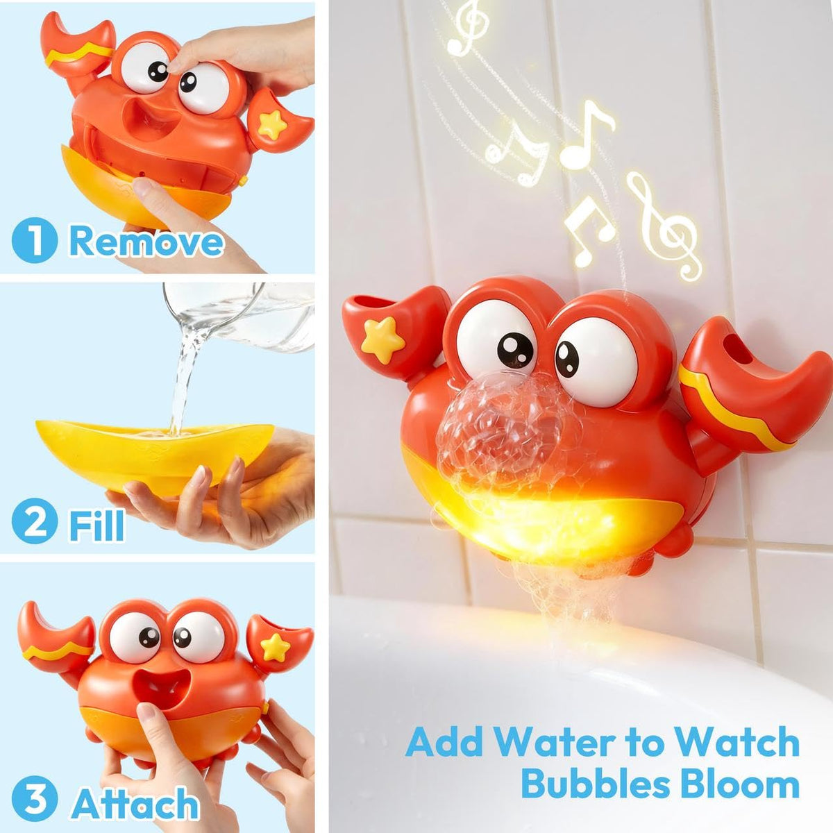 Play-Act Crab Bubble Machine Bath Toy - Music, LED Lights for Kids 2-4