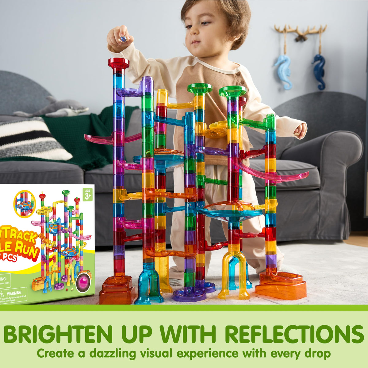 Play-Act 137 PCS Glow Marble Run - STEM Building Blocks Toy with 15 Marbles