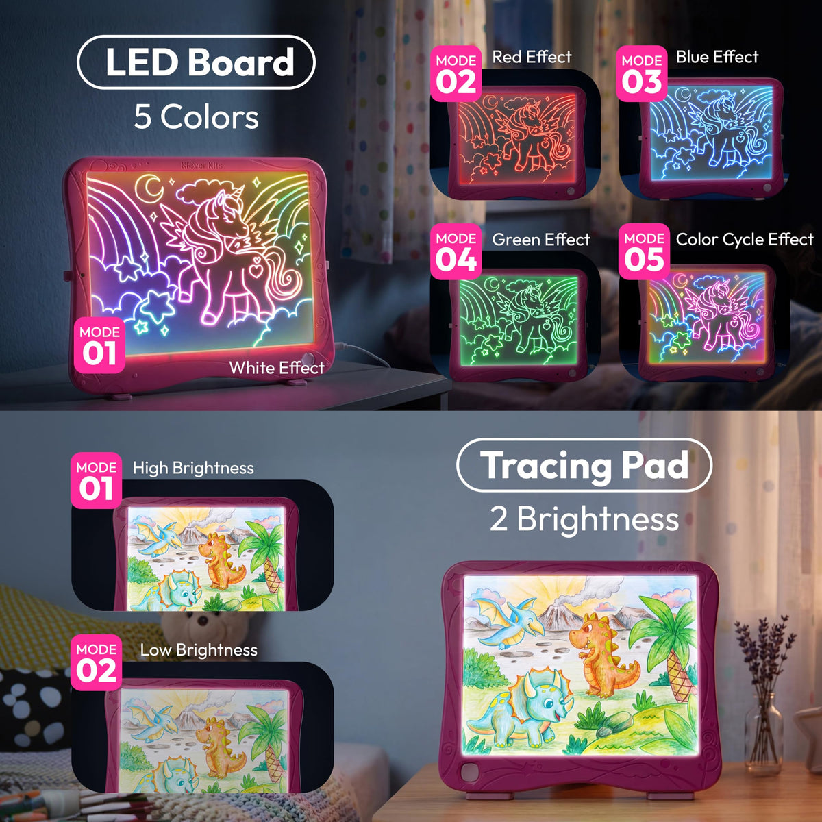Klever Kits 2-in-1 Neon LED Drawing Tablet & Light-Up Tracing Pad