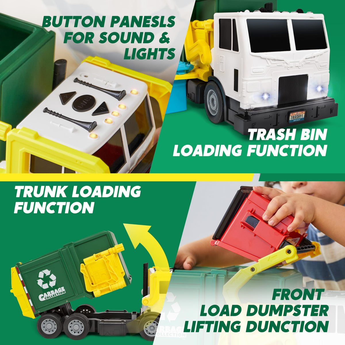 Vroomix Large Friction Powered Garbage Truck - 30 Learning Cards for Kids